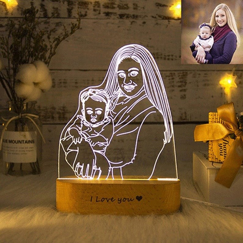 Custom Any Shape 3D Acrylic Lamp Picture Night Light With Engraved Wooden Base - Family Watchs