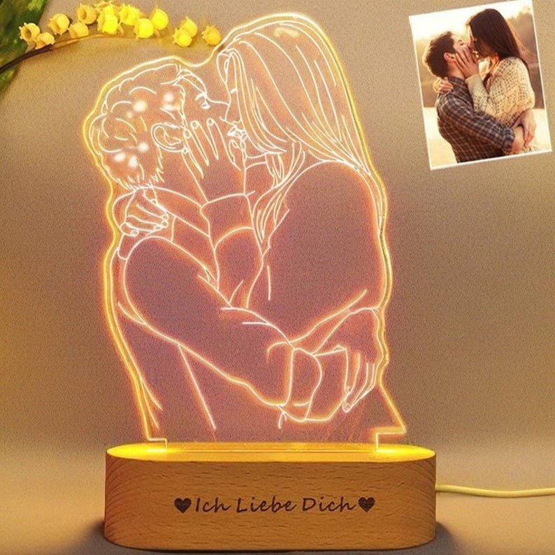 Custom Any Shape 3D Acrylic Lamp Picture Night Light With Engraved Wooden Base - Family Watchs