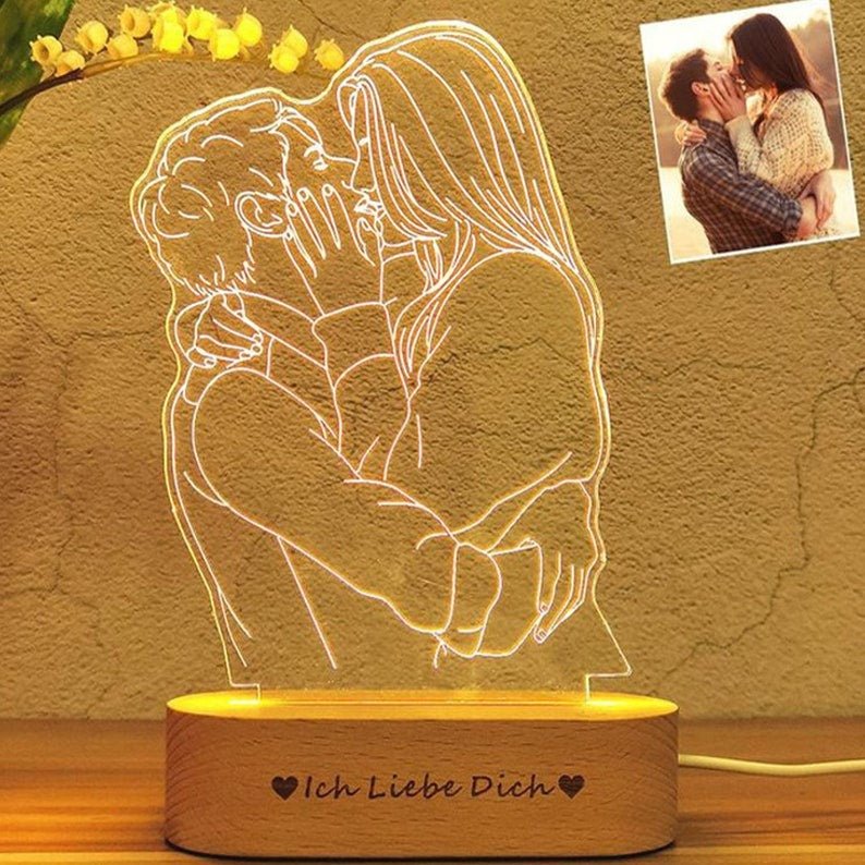 Custom Any Shape 3D Acrylic Lamp Picture Night Light With Engraved Wooden Base - Family Watchs