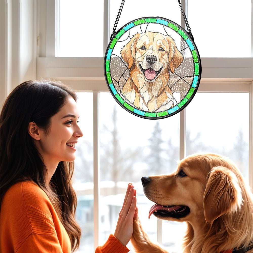 Custom Pet Portrait Art Suncatcher Stained Glass Ornament Dog Memorial Gifts for Pet Lovers - Family Watchs